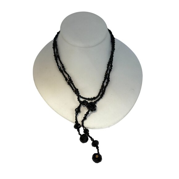 Vintage Black Glass Beaded Flapper Necklace 1920s Art Deco Style Long Strand - Picture 1 of 7